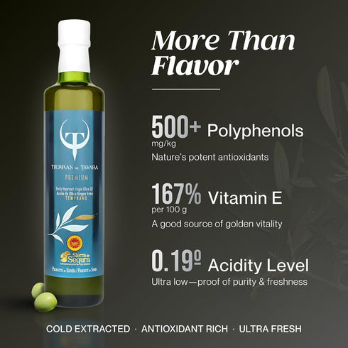 16.9 Oz, 500 ml Tierras de Tavara Premium | First Day Harvest Extra Virgin Olive Oil, Ultra High Polyphenols, First