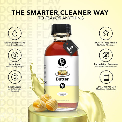 8 Dolce Flav Butter Extract Ounce Water-Soluble Kosher, Sugar-Free, Concentrated Imitation Butter Flavor for Baking