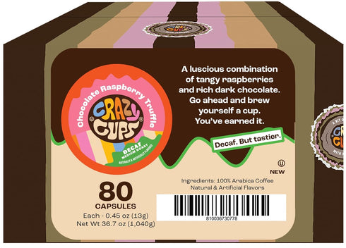 80 Count(Pack 1) Crazy Cups Decaf Flavored Coffee Pods, Decaffeinated Chocolate Raspberry Truffle Flavored Coffee