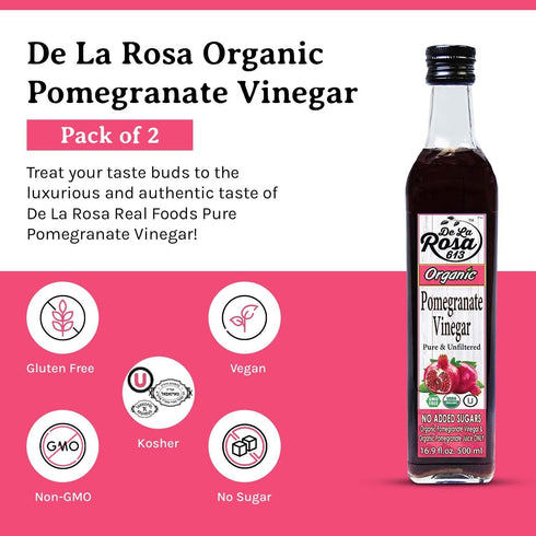 100% 16.9 Oz (pack 1) De La Rosa Organic Pomegranate Vinegar, Pure & Unfiltered, Vegan, Gluten Free & Kosher, Great