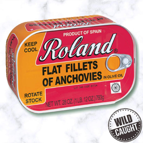Packed 28 OZ Roland Foods Flat Anchovy Fillets in Olive Oil, Wild Caught from Spain, Can