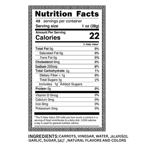 Papouz 64 OZ, Pickled Carrots, Hot and Spicy, Mexican Style, FL All Natural, Low Calorie, Gluten Free, Fat Free, No