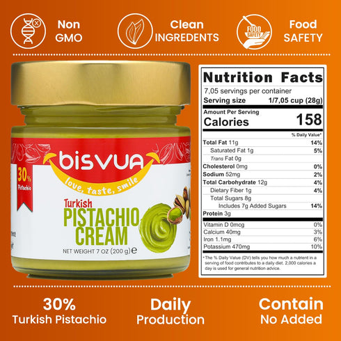 30%, 7 Oz (200g) BISVUA Premium Pistachio Cream Natural Sweet Pistachio Butter Spread for Dubai Chocolate Bar, Knafeh