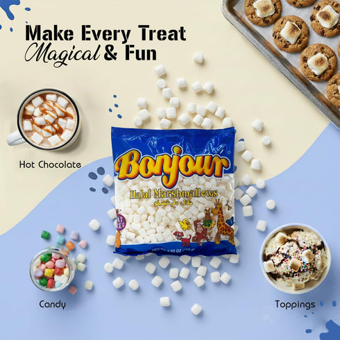8.82 Oz (250 Bonjour Mini Marshmallows - Halal Gelatin, Low Fat & Dye Free Small Marshmallows For Hot Chocolate, Smore