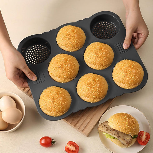 WIHFHGZ 8 Hamburger Bun Cavity Silicone Bakery Pan, Heat Non Stick, Easy Release for Kitchen Baking - Durable Reusable