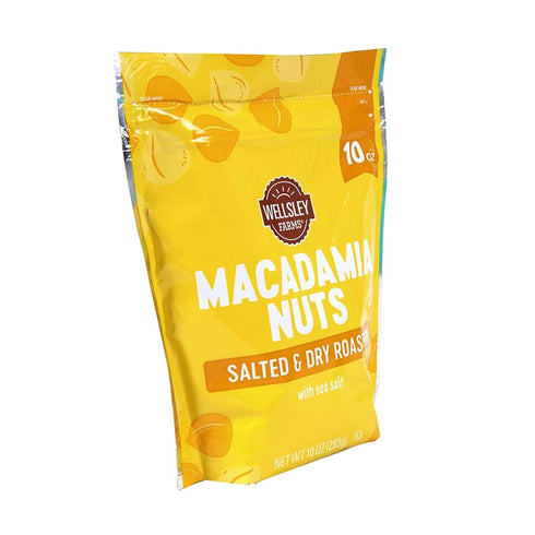 Wellsley Farms (1 10 oz Salted & Dry Roasted Macadamia Nuts Bag), Lightly Seasoned with Sea Salt, Resealable Bag