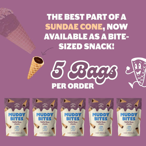 (2.33 oz (Pack 5), Muddy Bites Waffle Cone Snacks Bite Sized Chocolate Filled Waffle Cones for Snack or Dessert, Ice