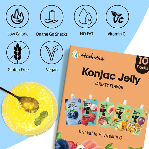 10 Pack Pack, 10 Hethstia Konjac Noodle Fettuccine and Konjac Jelly Variety Drinkable Jelly Pouches Lychee, Blueberry