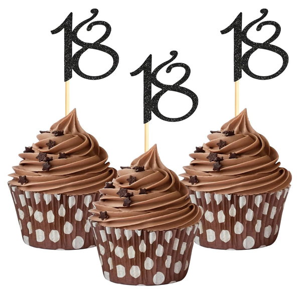 Sumerk 24PCS Black Glitter Cupcake Toppers, 18th Birthday Picks, Anniversary Party Decorations