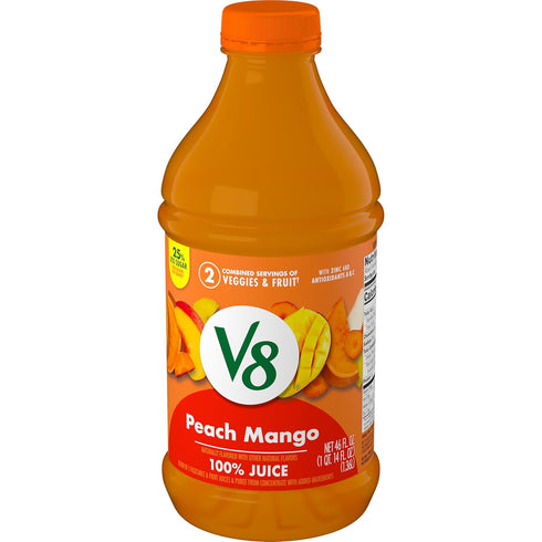 V8 100% 46 oz (6 Pack) Peach Mango Fruit and Vegetable Juice, fl Bottle