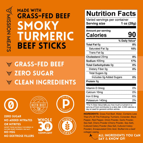 100% 30 1oz (12ct) Mission Meats Beef Sticks Grass Fed & Pasture Raised, Sugar Free, Individually Wrapped Healthy