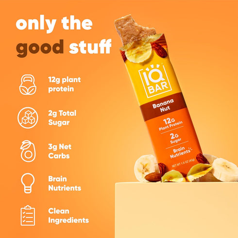 12 Count IQBAR Clean Plant Protein Bars - Banana Nut - - Keto, Vegan, High Fiber, Gluten and Dairy Free, Low Sugar