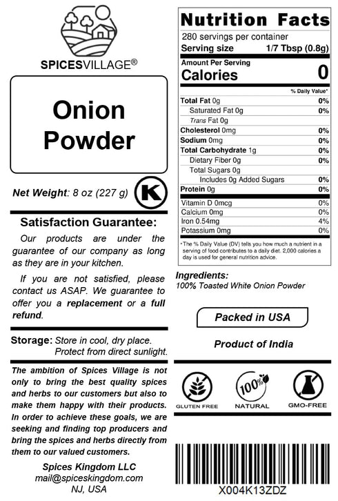 8 oz, SPICES VILLAGE Premium Onion Powder, Toasted White Onion Powder for Cooking, Non-GMO & Kosher Certified