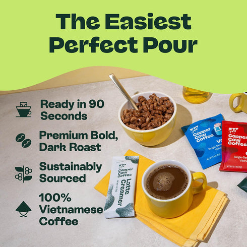 Pack (15 15 Copper Cow Vietnamese Coffee Variety Coffees & Creamers)| Classic, Vanilla, & Salted Caramel Latte | Pour