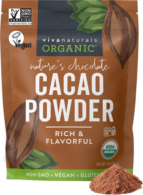 Viva Naturals Organic Cacao Powder, 1lb, Unsweetened Cacao Powder for Baking & Smoothies