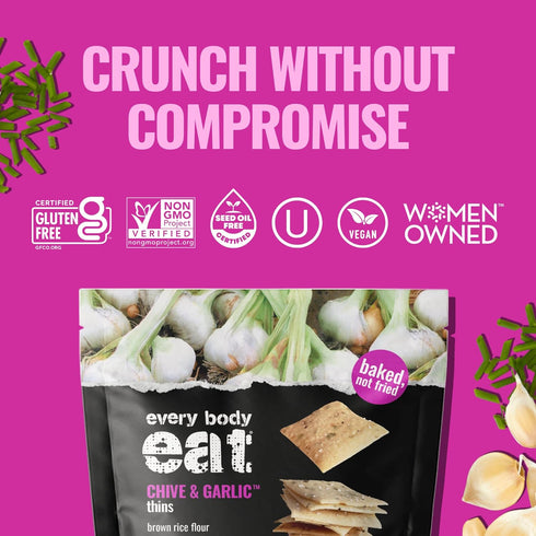 (Pack 6), 4 oz Every Body Eat Gluten Free Crackers, Chive & Garlic Plant Based Snacks, Vegan Garlic Snack Crackers