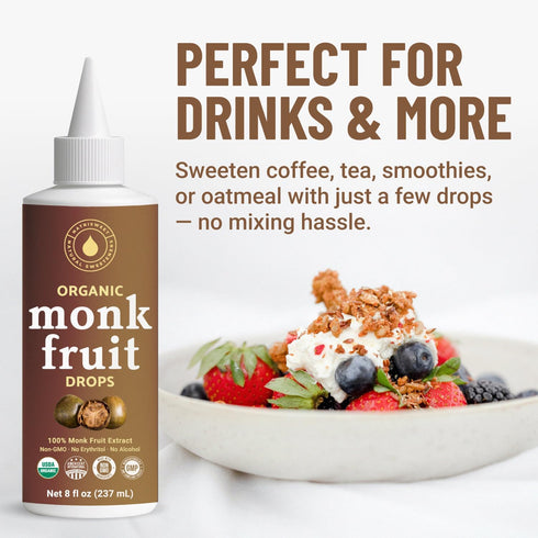100% 8 oz Organic Monk Fruit Liquid Sweetener Drops, Pure Extract, Zero Sugar & No Erythritol, Original Flavor Liquid