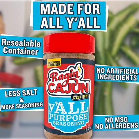 Ragin' Cajun y'ALL PURPOSE Seasoning, 8 oz Shaker, Low Sodium, No MSG, Mild Louisiana Cajun Spice