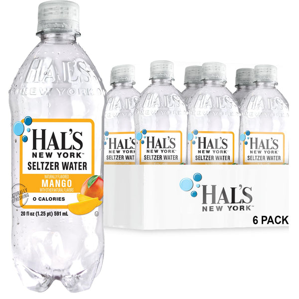 Hal's New York Seltzer Water, Mango Sparkling Water, 20 Fl Oz Bottle (Pack of 6)