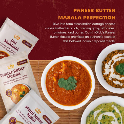 Pack 3 The Cumin Club Indian Meal Kit - Paneer Tikka Masala, Methi Matar Malai, Dal Makhani - Instant Meals Effortless