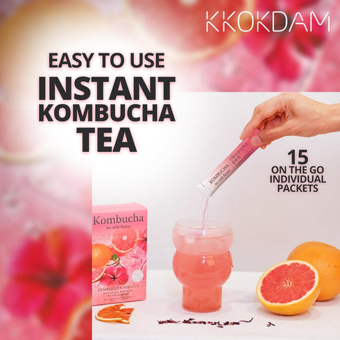 Pack 15 Packs KKOKDAM Kombucha Tea - Grapefruit & Hibiscus Korean Tea - Kombucha Drinks Probiotic Support, Low Calorie