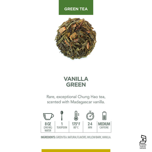 Teabloom Kosher Certified Vanilla Green Tea, Loose Leaf Tea Blend in Reusable Gift Canister, 3.17 oz/90 g