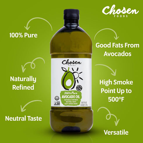 100% 1.75L Chosen Foods Pure Avocado Oil for Cooking - - Made With Good Fats from Avocados, Naturally Refined, Never