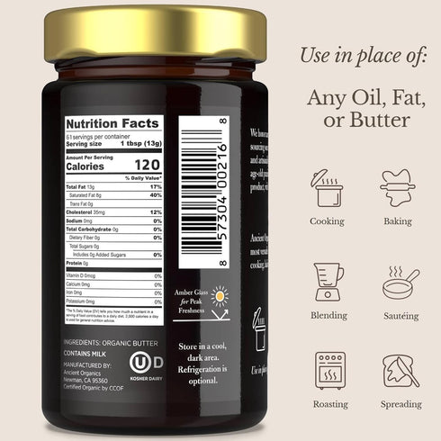 28 Oz (Pack 1) Ancient Organics Ghee - Organic Grass Fed Ghee Butter, Gluten Free, Clarified Butter, Vitamins & Omegas