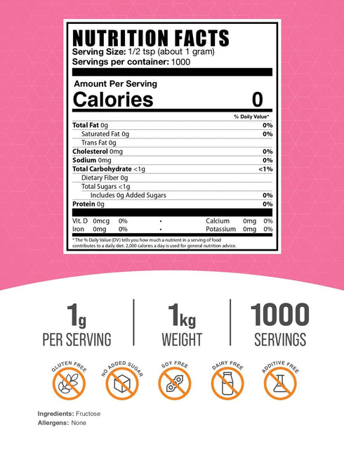 1g 1kg (2.2 lbs) (Pack 1) BulkSupplements.com Fructose Powder - Fructose Sugar, Zero Calorie Sweetener - Food Grade
