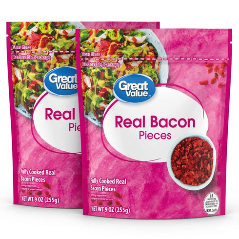 Boltman Great Value Real Bacon Pieces, Fully Cooked, Gluten-Free, 9 oz Resealable Bag,