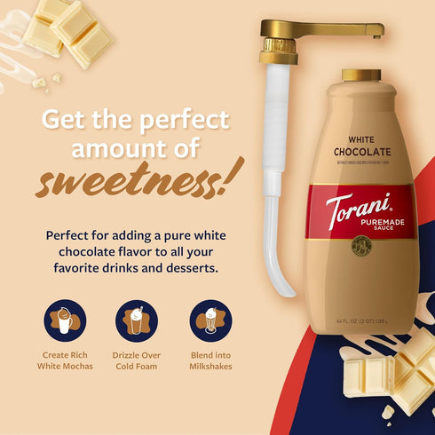 4lb 64 Oz Torani Puremade White Chocolate Sauce for Coffeehouse Drinks and Desserts, Large Bottle, Pump Included, Fl