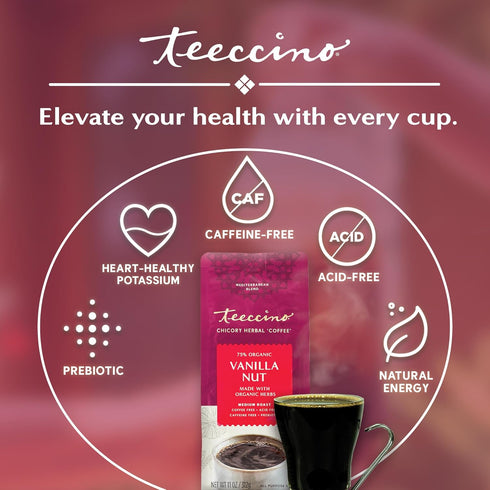 11 (Pack 3) Teeccino Vanilla Nut Chicory Coffee Alternative - Ounce - Ground Herbal Coffee Thats Prebiotic, Caffeine