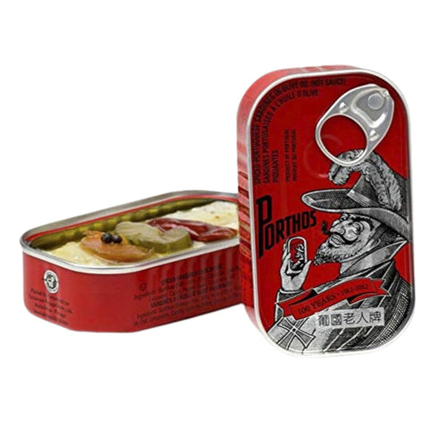 Porthos 3 125 Spiced Sardines in hot olive Oil tins x g, / Portugal