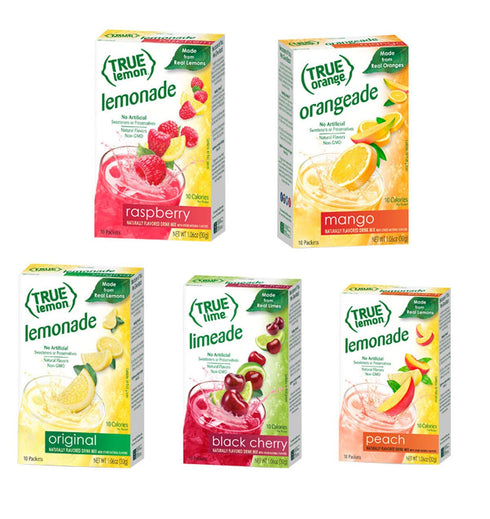 True Lemon 7 Pack: Pack: (7 True Lime flavor variety WATERMELON AQUA FRESCA, LIMEADE, Original Lemonade, Peach, Black