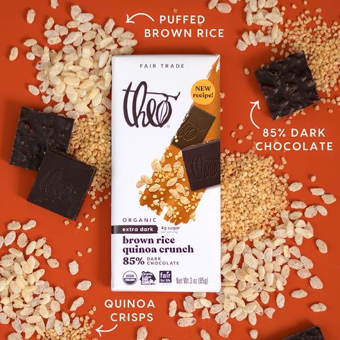 85% 6 Pack Theo Chocolate Brown Rice Quinoa Crunch Organic Dark Chocolate Bar, Cacao, | Vegan, Fair Trade