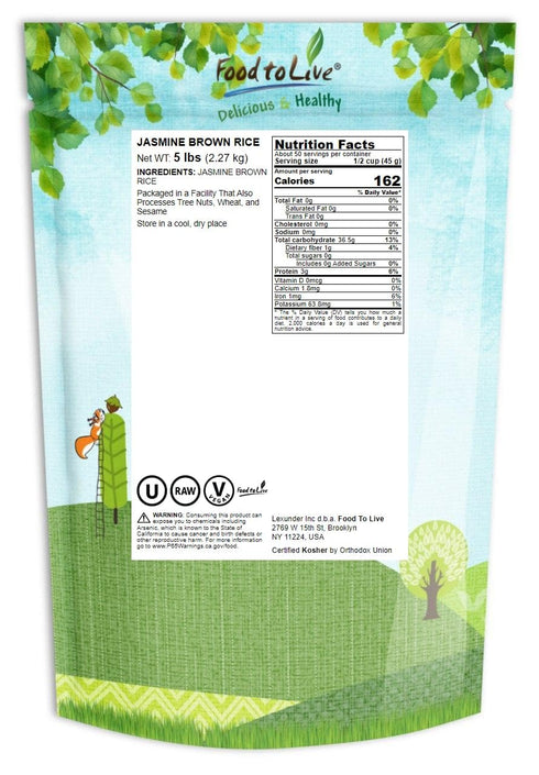 5 Food to Live Jasmine Brown Rice, Pounds Whole-Grain and Long-Grain Thai Rice, Vegan, Kosher, Bulk. Higher in Fiber