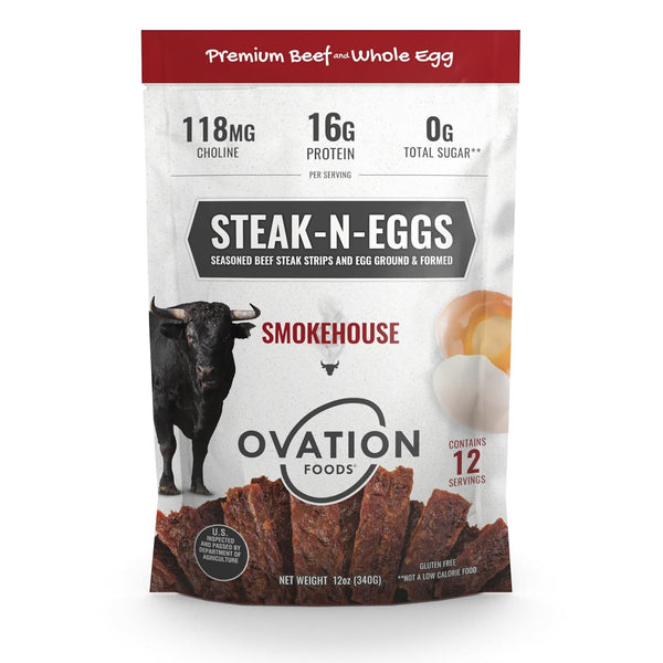 Ovation Foods Steak-N-Eggs Beef Strips, Zero Sugar, High-Protein Jerky (26g premium protein),