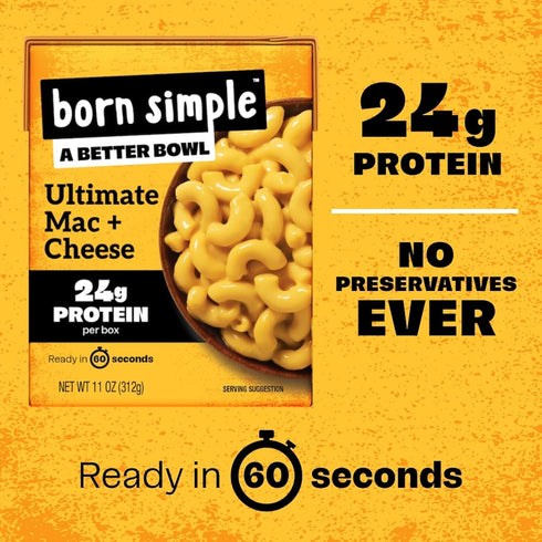 24g 11 oz (Pack 6) Born Simple Ready to Eat Meals with Sporks, Ultimate Mac and Cheese, Improved Recipe - Protein