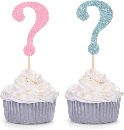 Set of 24 Glitter Question Mark Cupcake Toppers - Blue and Pink Party Decoration Picks
