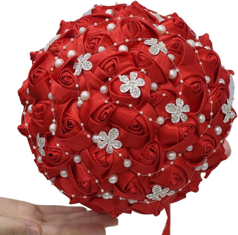 ZGHQHCDRH 10" 11 Wedding Bouquet for Bride Handmade Satin & Rhinestone Round Bouquet, Colors, Zero Maintenance