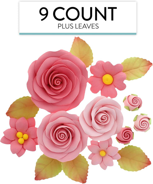 Set, 9 Count Global Sugar Art Roses & Blossoms Sugar Cake Flowers Pink, with leaves by Chef Alan Tetreault