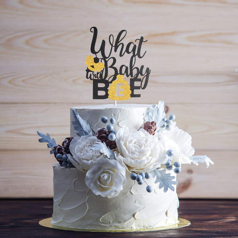 What Will Baby Bee Gender Reveal Cake Topper - Gold Glitter Bumble Honey Bee Honeycomb Cake Décor for Baby Shower