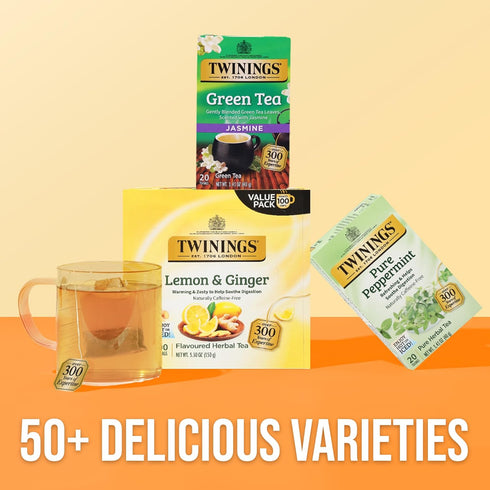 100 Count (Pack 1), 100 Twinings Lemon & Ginger Herbal Tea Individually Wrapped Bags, of Tangy Lemon, Spicy Ginger