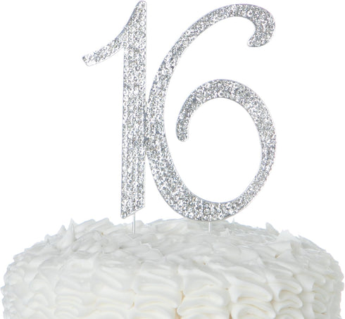Celebration 16 Cake Topper for 16th Birthday Sweet 16 Party Supplies Decoration Ideas - Silver Rhinestone Number