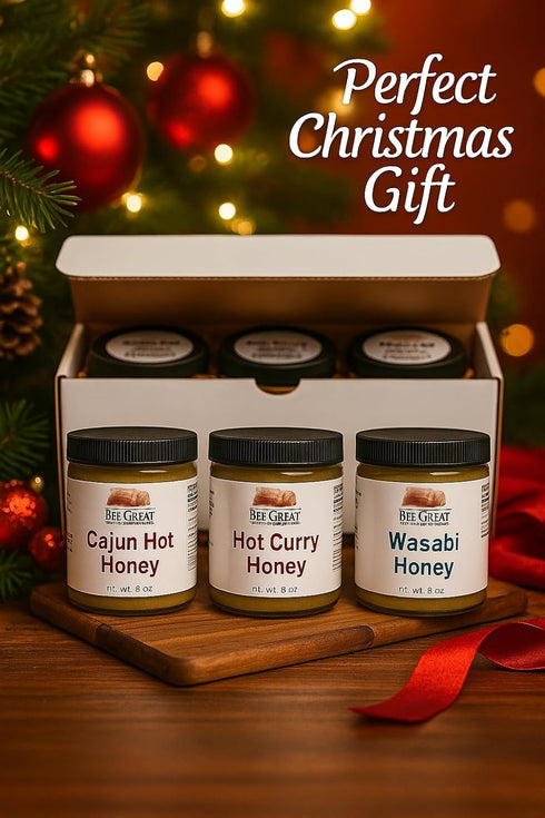 Bee Great Pack 38 oz Set Hot Honey Trio Variety Gift Box Cajun, Curry & Wasabi Sweet Heat from the Hive Small-Batch