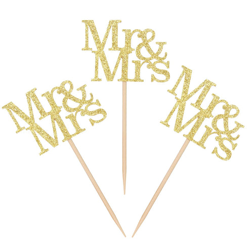 24 Pack Mr & Mrs Cupcake Picks, Gold Glitter Wedding Cupcake Toppers for Bridal Baby Shower Party Supplies