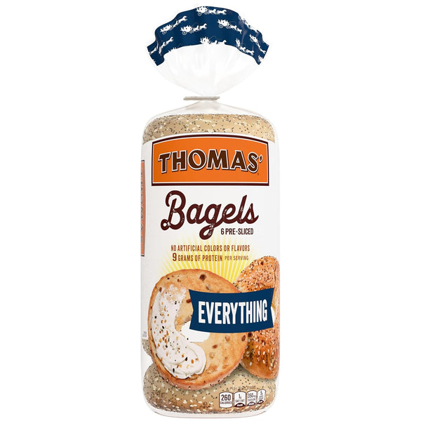 THOMAS' Everything Bagels, 6 count, (3.0 oz each), 9g Protein, Kosher Bagels, 18