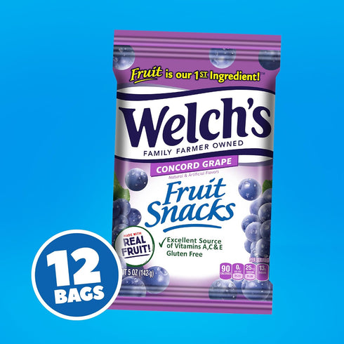 5oz Packs (Pack 12) Welch's Fruit Snacks, Concord Grape Snack Box, Gluten Free, Snack