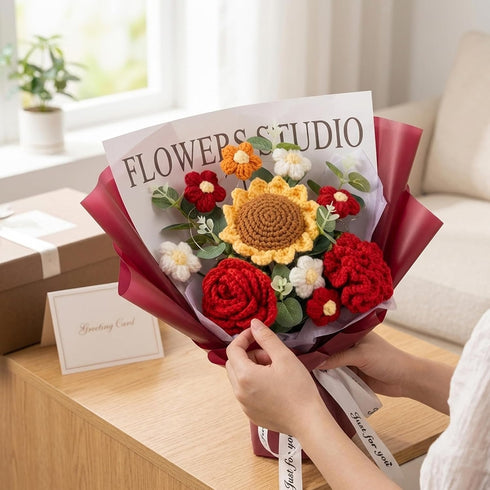 Ameble Long-Lasting Crochet Flower Bouquet Knitted Roses & Tulips Bouquet of Crochet Flowers for Birthday Mother