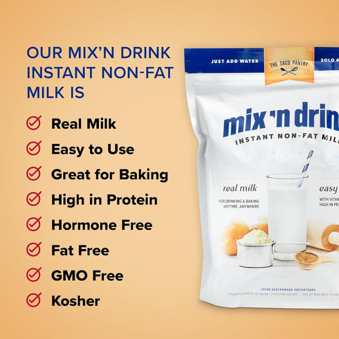 10 SACO Mix 'n Drink Instant Skim Milk, Fat-Free, GMO-Free, Gluten-Free, Nut-Free, rBST Free, High Calcium and Protein